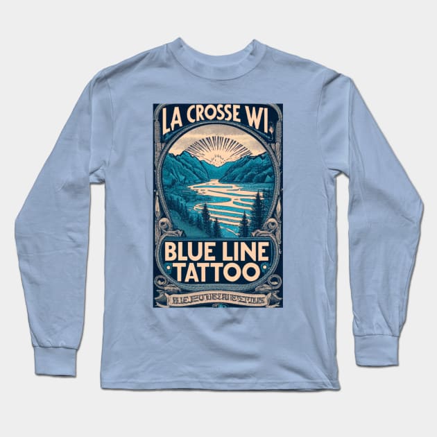 Blue Line Tattoo River Bluff Scene Vintage Stamp Label Long Sleeve T-Shirt by BlueLine Design